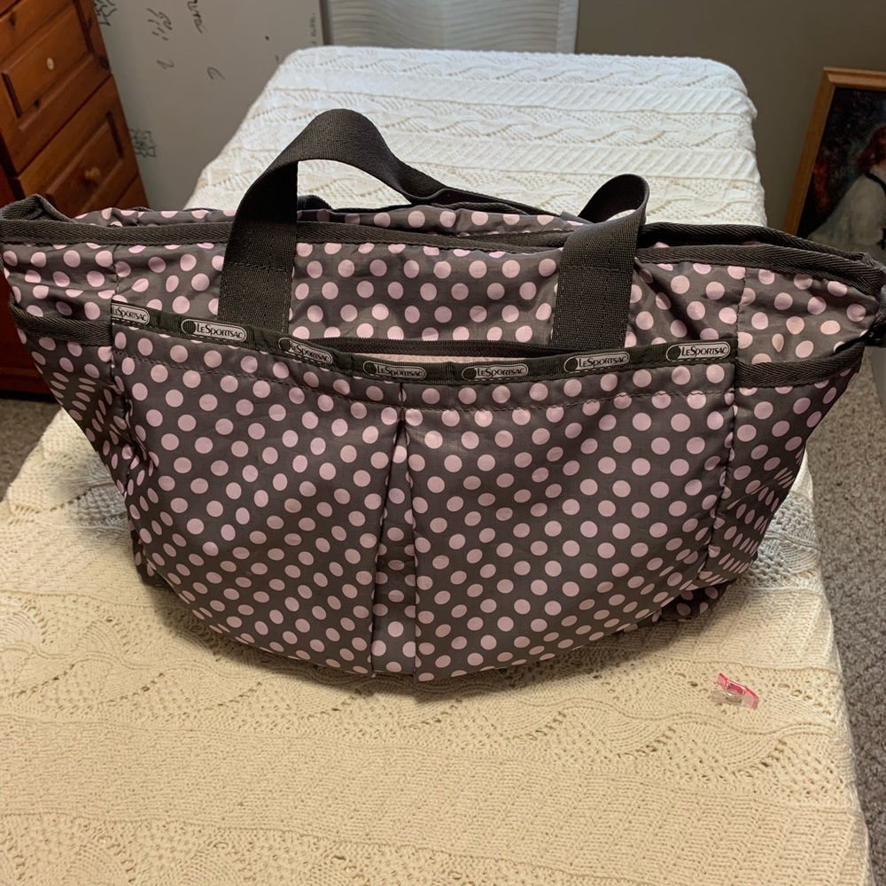 LeSportsac pink and brown polka dot diaper bag